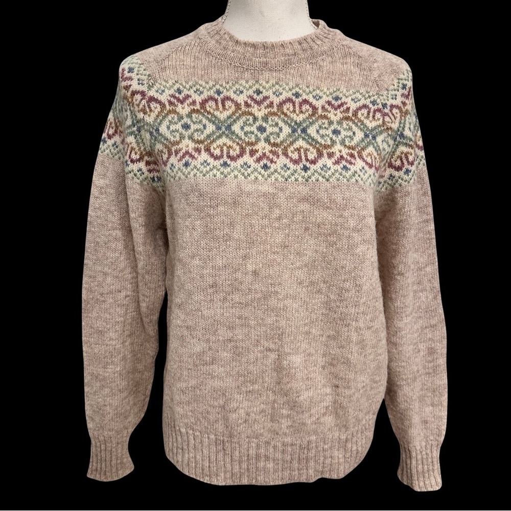 VTG Edinburgh Woolen Mill Shetland Wool Beige Fair Isle Pullover Med Heritage